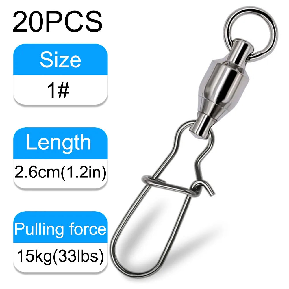 20PCS Swivels Snap Connector Pin Ball Bearing Rolling Rotating Ring Buckle Kit Pesca Lure Line Connect Cross Lock Fishing Tools