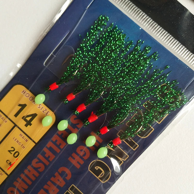 Lunker Sabiki Rig Colorful Flash Tinsel Fresh Water Saltwater Fishing Lure Bait Glow Luminous Beads Silver Hook Mackerel