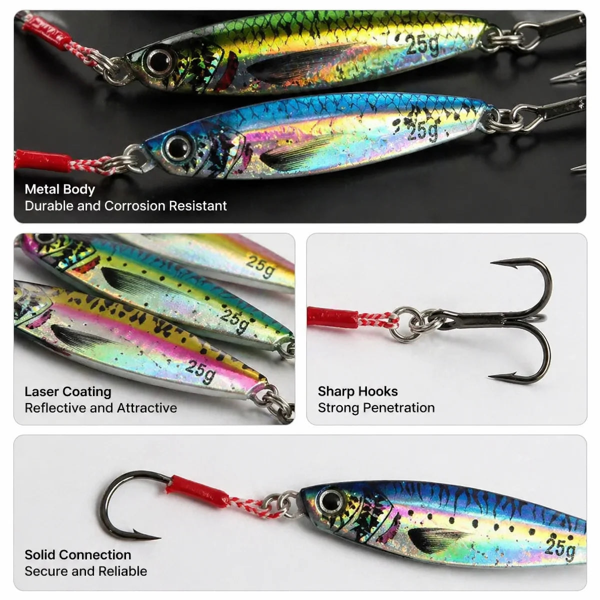 10Pcs Metal Jig Fishing Lures 7g/10g/15g/20g/25g/30g (0.25oz-1.06oz) Shore Casting Hard Bait with Treble Hooks for Sea Bass Mack