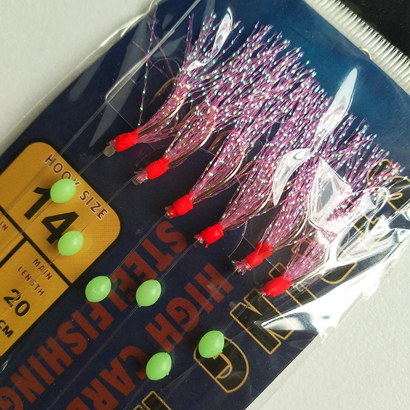 Lunker Sabiki Rig Colorful Flash Tinsel Fresh Water Saltwater Fishing Lure Bait Glow Luminous Beads Silver Hook Mackerel