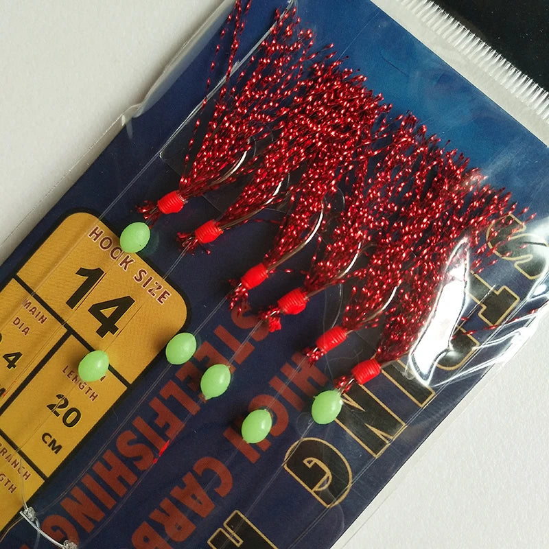 Lunker Sabiki Rig Colorful Flash Tinsel Fresh Water Saltwater Fishing Lure Bait Glow Luminous Beads Silver Hook Mackerel