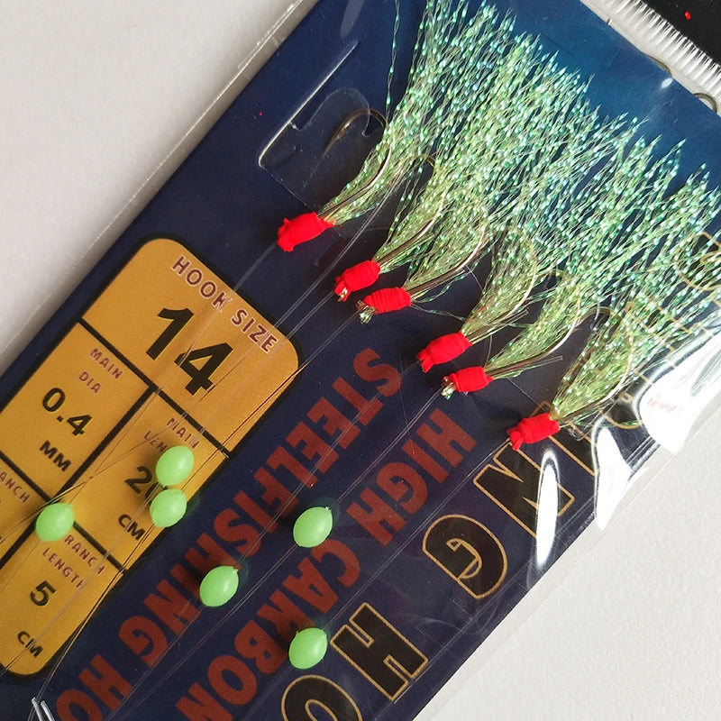 Lunker Sabiki Rig Colorful Flash Tinsel Fresh Water Saltwater Fishing Lure Bait Glow Luminous Beads Silver Hook Mackerel