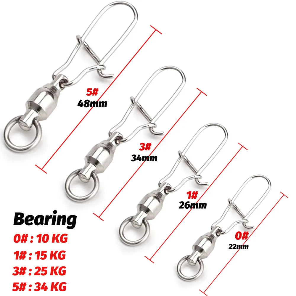 20PCS Swivels Snap Connector Pin Ball Bearing Rolling Rotating Ring Buckle Kit Pesca Lure Line Connect Cross Lock Fishing Tools