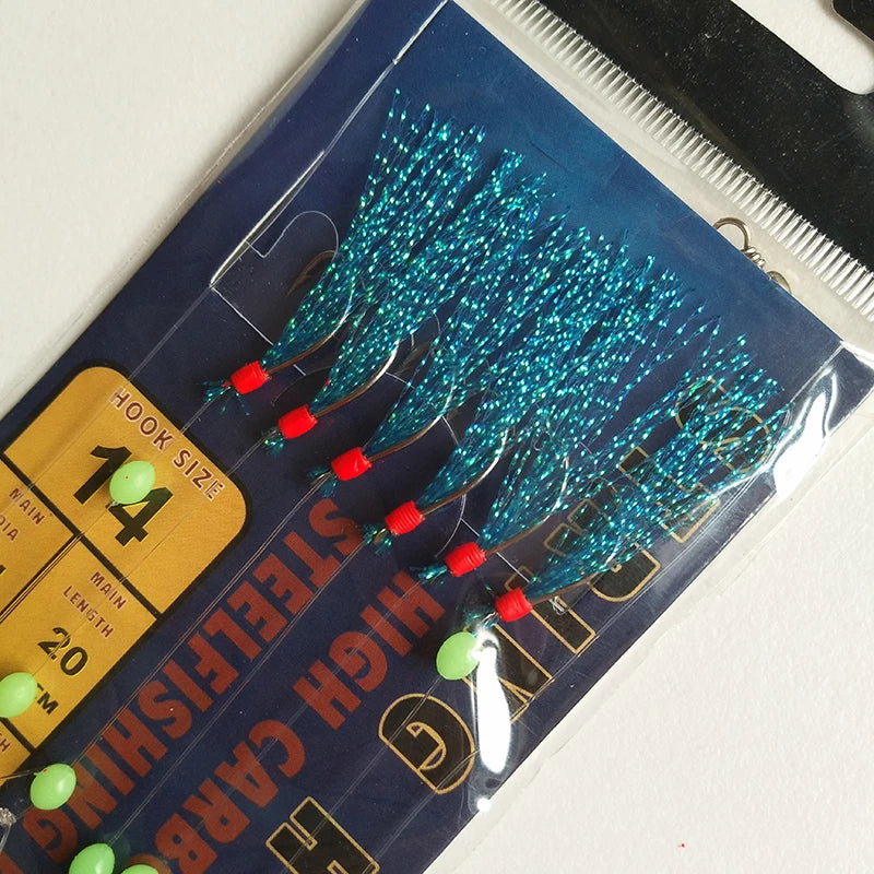 Lunker Sabiki Rig Colorful Flash Tinsel Fresh Water Saltwater Fishing Lure Bait Glow Luminous Beads Silver Hook Mackerel