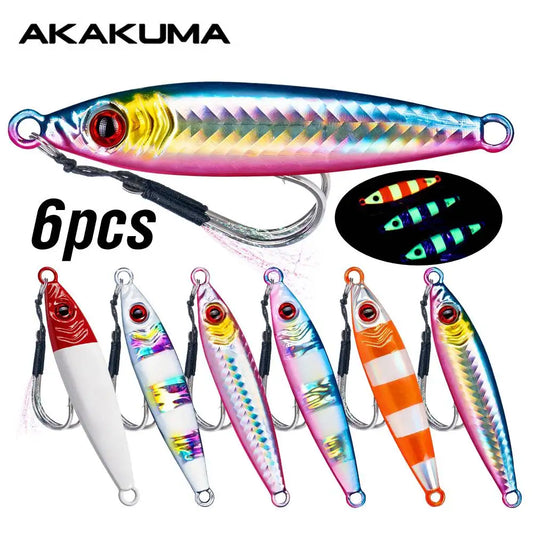 6Pcs Metal Jig Fishing Lure Luminous Casting Lures 7-100g 3D Eyes Slow Sinking Artificial Hard Bait with Double Assist Hook
