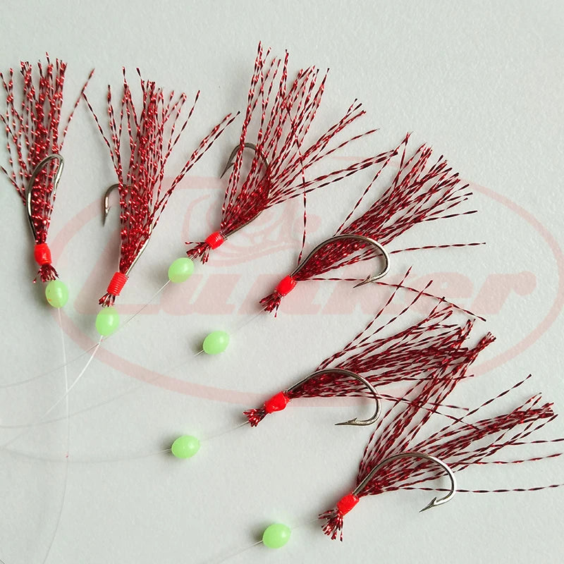 Lunker Sabiki Rig Colorful Flash Tinsel Fresh Water Saltwater Fishing Lure Bait Glow Luminous Beads Silver Hook Mackerel