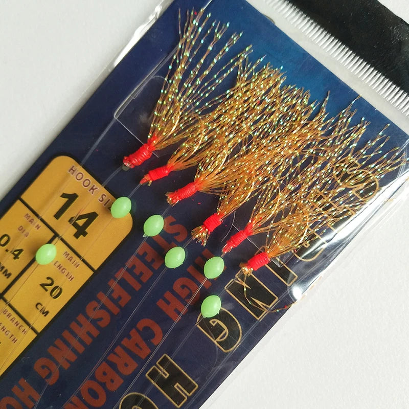 Lunker Sabiki Rig Colorful Flash Tinsel Fresh Water Saltwater Fishing Lure Bait Glow Luminous Beads Silver Hook Mackerel