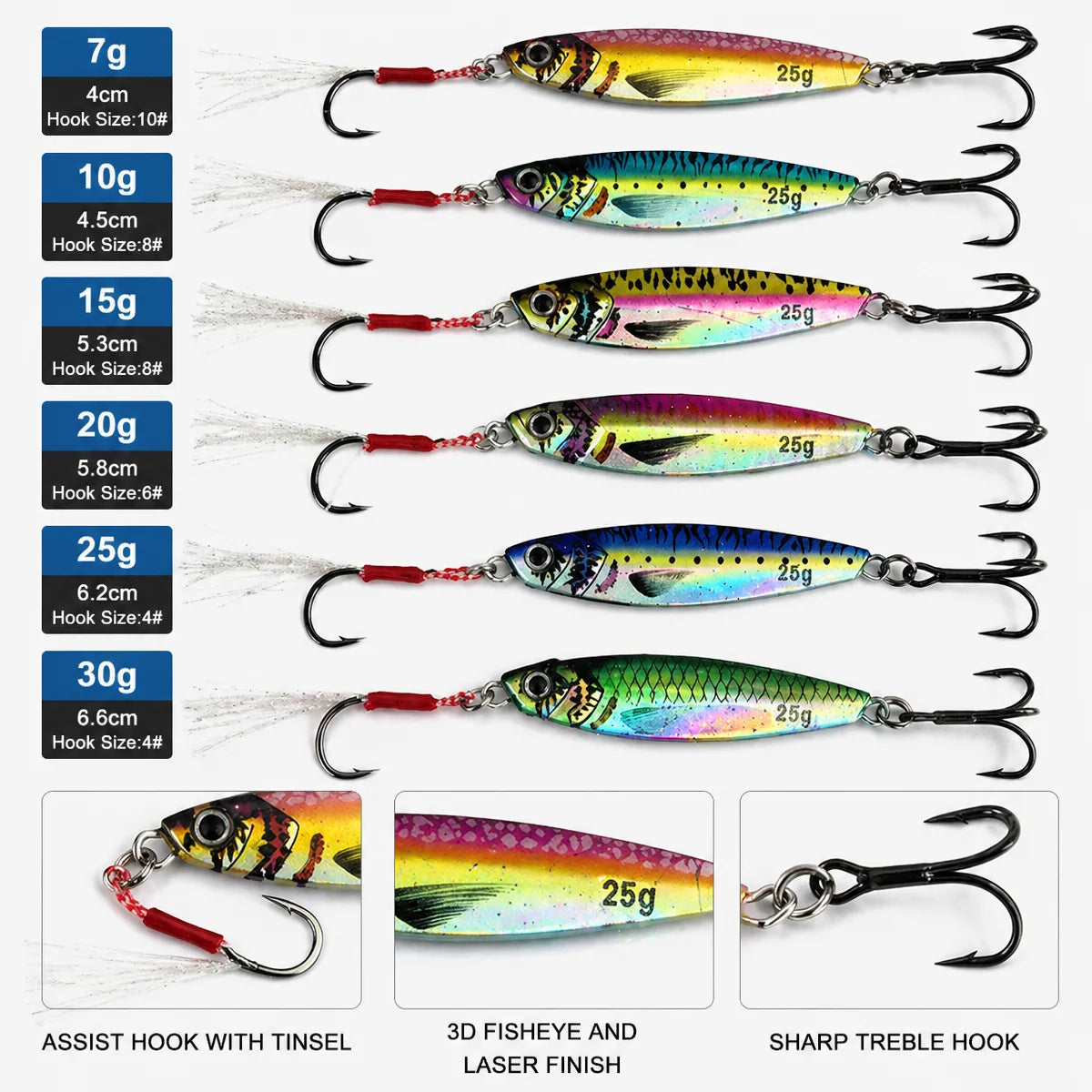 10Pcs Metal Jig Fishing Lures 7g/10g/15g/20g/25g/30g (0.25oz-1.06oz) Shore Casting Hard Bait with Treble Hooks for Sea Bass Mack