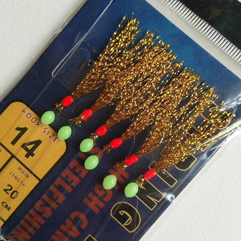 Lunker Sabiki Rig Colorful Flash Tinsel Fresh Water Saltwater Fishing Lure Bait Glow Luminous Beads Silver Hook Mackerel