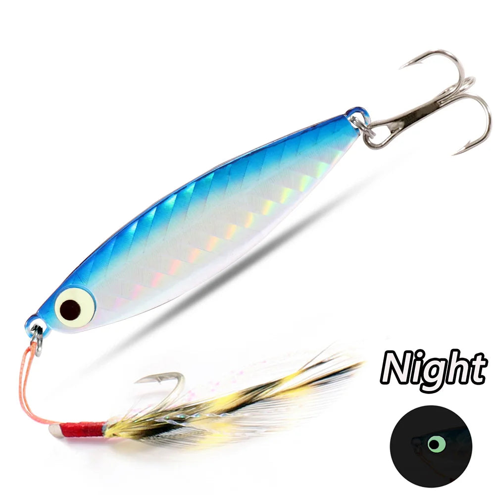 Fishing Lures Metal Jig Spinning Spoon Feather Carbon Hook Hard Artificial Bait Luminous Eye Sinking Casting Bass Tackle Pesca