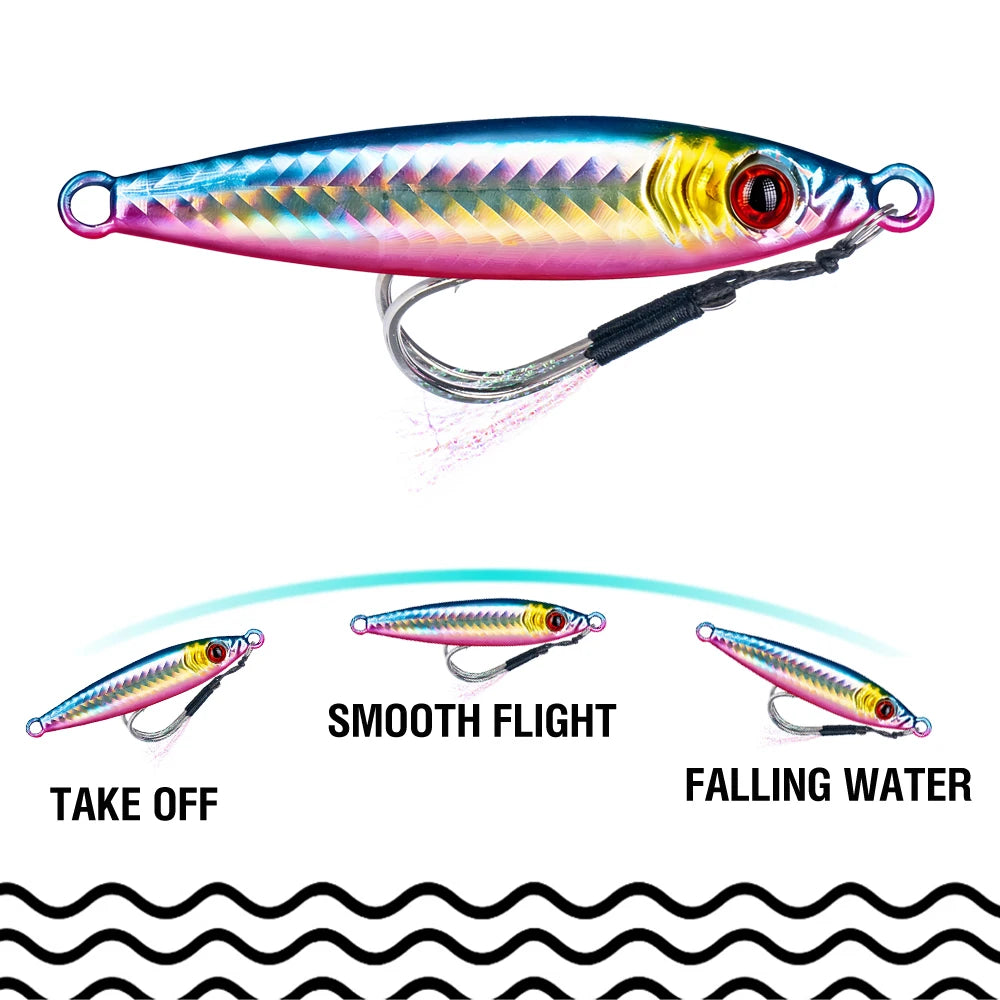 6Pcs Metal Jig Fishing Lure Luminous Casting Lures 7-100g 3D Eyes Slow Sinking Artificial Hard Bait with Double Assist Hook