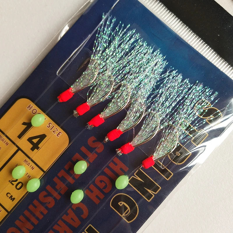 Lunker Sabiki Rig Colorful Flash Tinsel Fresh Water Saltwater Fishing Lure Bait Glow Luminous Beads Silver Hook Mackerel