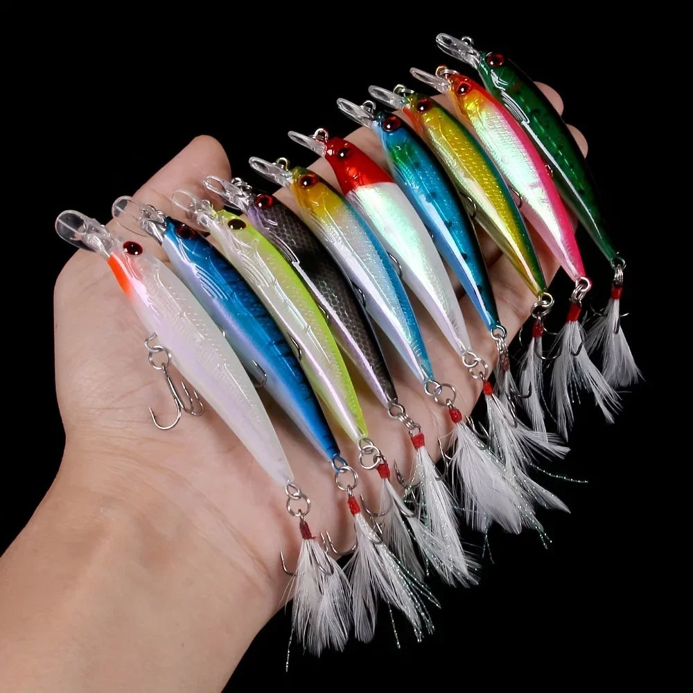10pcs Larser Minnow Fishing Lures Set Catch Bass Faster with Feather Hook Artificial Bait Crankbait 9cm/7g