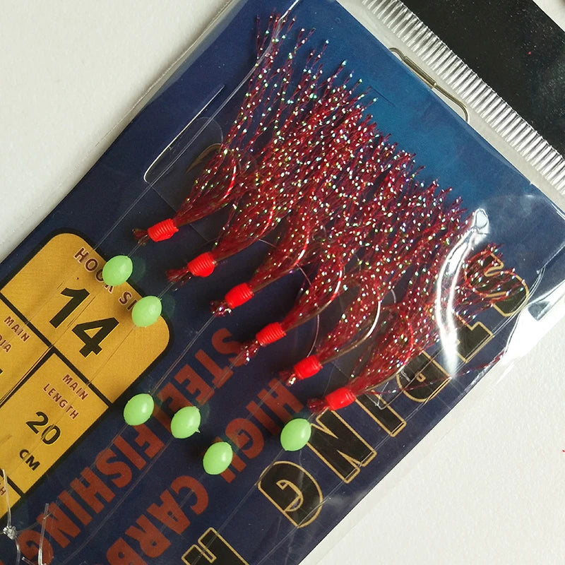 Lunker Sabiki Rig Colorful Flash Tinsel Fresh Water Saltwater Fishing Lure Bait Glow Luminous Beads Silver Hook Mackerel