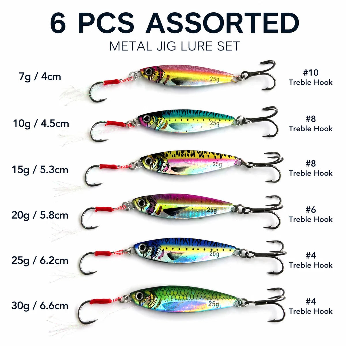 10Pcs Metal Jig Fishing Lures 7g/10g/15g/20g/25g/30g (0.25oz-1.06oz) Shore Casting Hard Bait with Treble Hooks for Sea Bass Mack