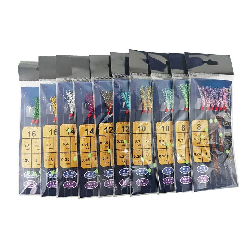 Lunker Sabiki Rig Colorful Flash Tinsel Fresh Water Saltwater Fishing Lure Bait Glow Luminous Beads Silver Hook Mackerel