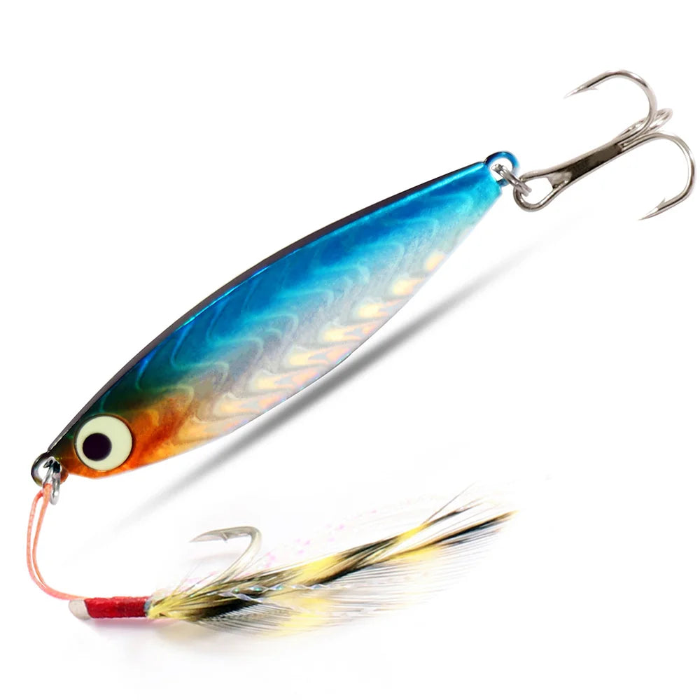 Fishing Lures Metal Jig Spinning Spoon Feather Carbon Hook Hard Artificial Bait Luminous Eye Sinking Casting Bass Tackle Pesca