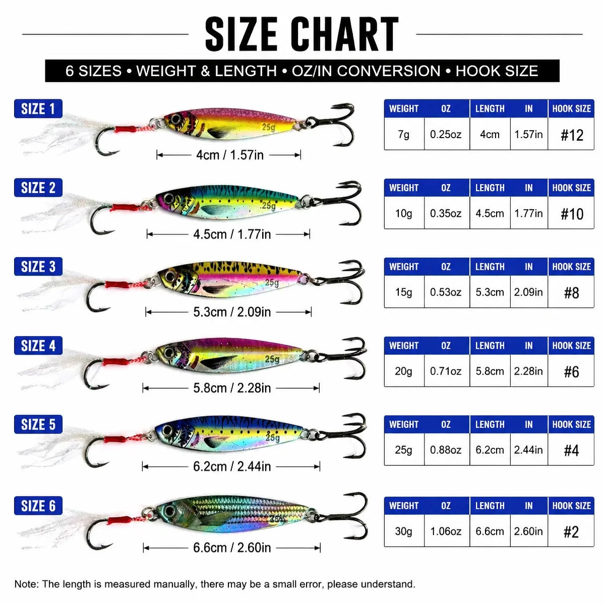 10Pcs Metal Jig Fishing Lures 7g/10g/15g/20g/25g/30g (0.25oz-1.06oz) Shore Casting Hard Bait with Treble Hooks for Sea Bass Mack