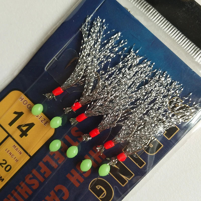 Lunker Sabiki Rig Colorful Flash Tinsel Fresh Water Saltwater Fishing Lure Bait Glow Luminous Beads Silver Hook Mackerel