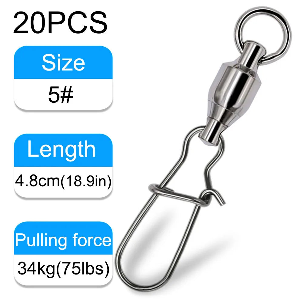 20PCS Swivels Snap Connector Pin Ball Bearing Rolling Rotating Ring Buckle Kit Pesca Lure Line Connect Cross Lock Fishing Tools