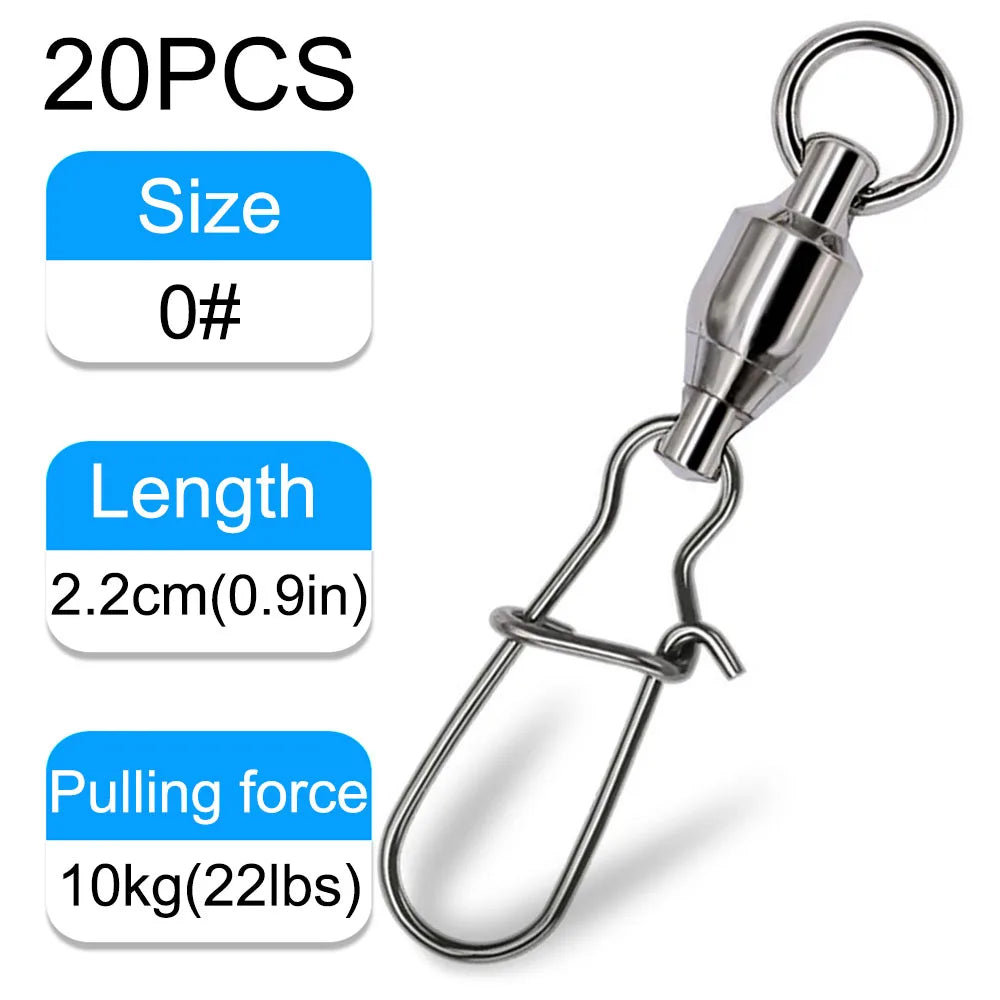 20PCS Swivels Snap Connector Pin Ball Bearing Rolling Rotating Ring Buckle Kit Pesca Lure Line Connect Cross Lock Fishing Tools