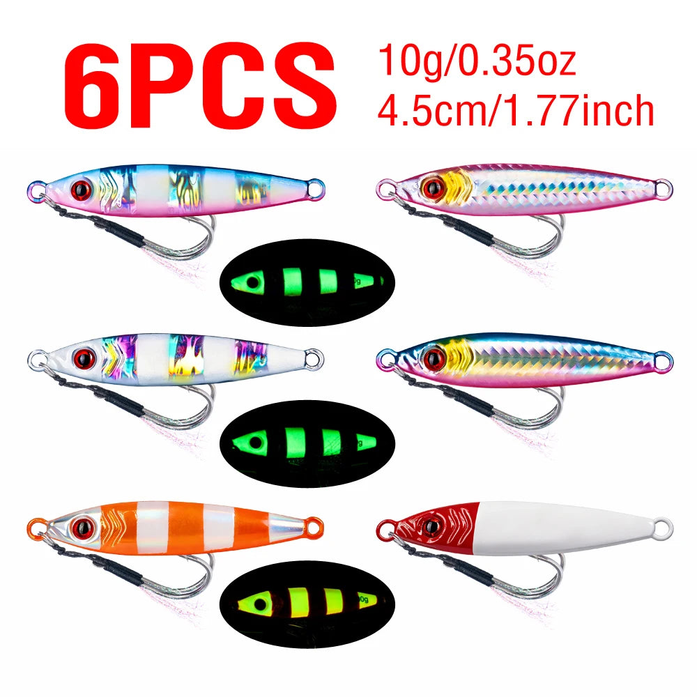 6Pcs Metal Jig Fishing Lure Luminous Casting Lures 7-100g 3D Eyes Slow Sinking Artificial Hard Bait with Double Assist Hook
