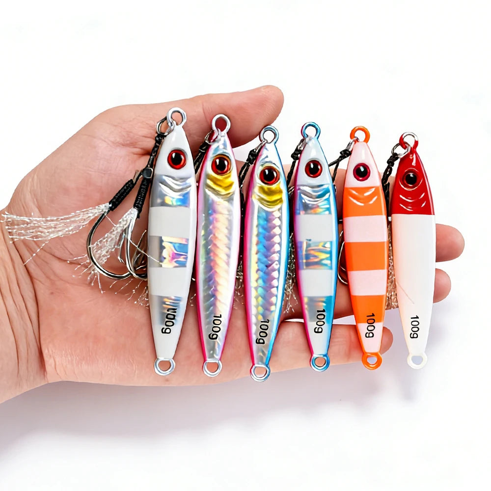 6Pcs Metal Jig Fishing Lure Luminous Casting Lures 7-100g 3D Eyes Slow Sinking Artificial Hard Bait with Double Assist Hook