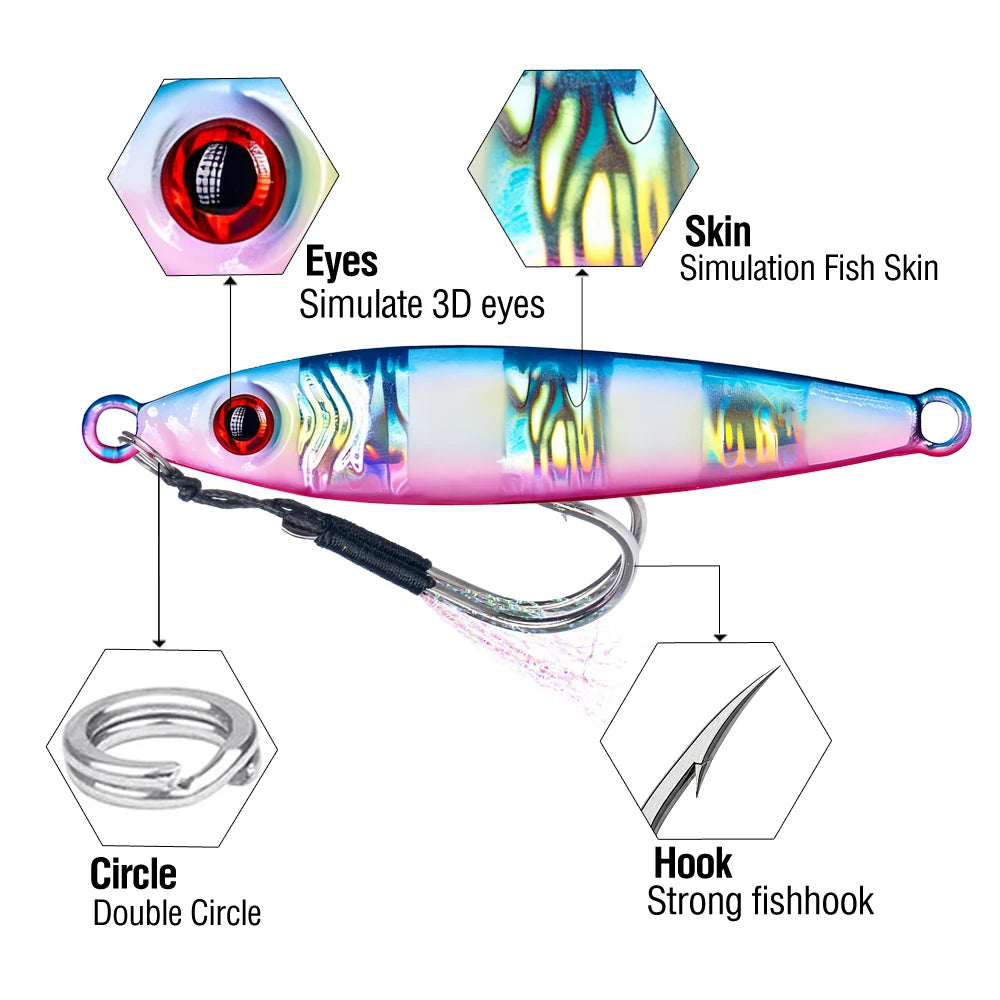 6Pcs Metal Jig Fishing Lure Luminous Casting Lures 7-100g 3D Eyes Slow Sinking Artificial Hard Bait with Double Assist Hook