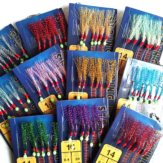Lunker Sabiki Rig Colorful Flash Tinsel Fresh Water Saltwater Fishing Lure Bait Glow Luminous Beads Silver Hook Mackerel