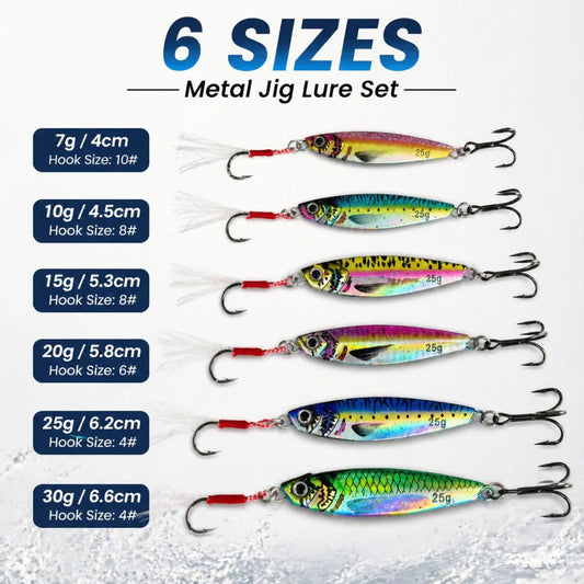 10Pcs Metal Jig Fishing Lures 7g/10g/15g/20g/25g/30g (0.25oz-1.06oz) Shore Casting Hard Bait with Treble Hooks for Sea Bass Mack